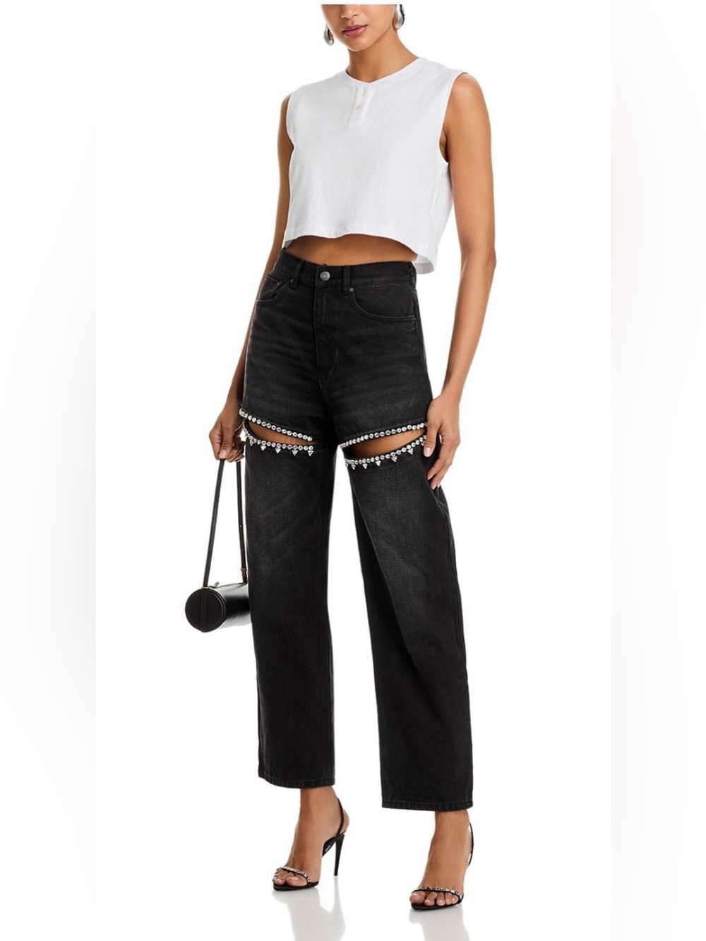 AREA Black Straight-Leg Jeans with Crystal Thigh Slits. - Picture 7 of 9